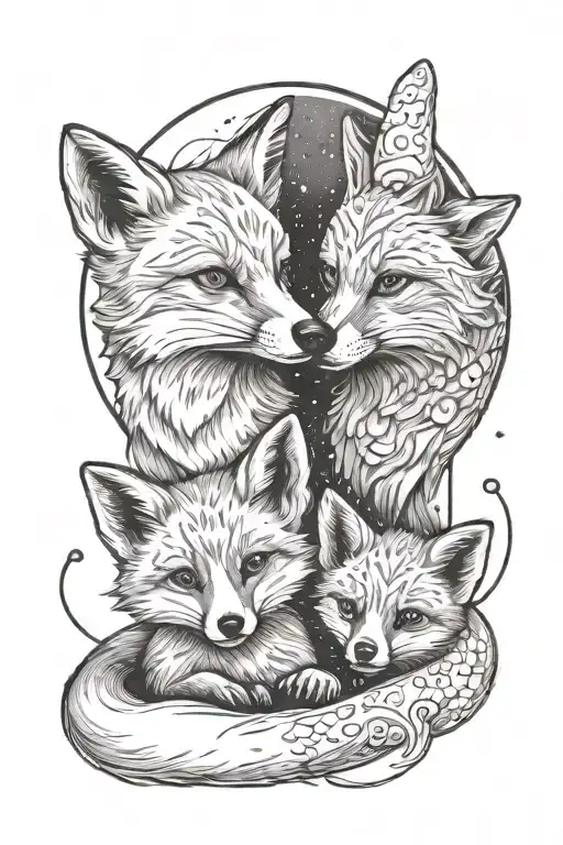 Mom And One Baby Fox Sitting Together With Moon In Background