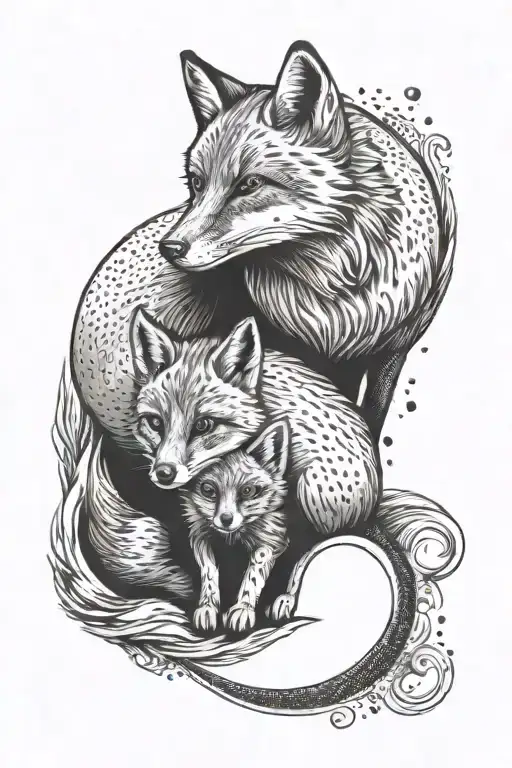 Mom And One Baby Fox Sitting Together With Moon In Background