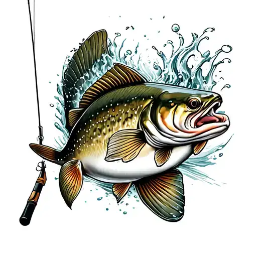 A Detailed Trout Jumping Out Of The Water With A Fishing Rod In The Background