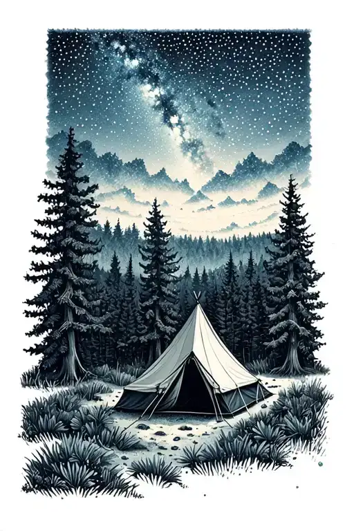 Galaxy Background Above Camp Tent In Forest