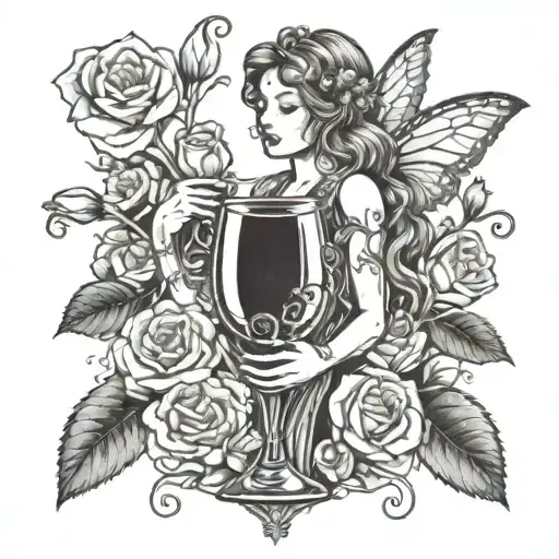 A Dotwork Design Of A Fairy Holding A Glass Of Wine Surrounded By Blooming Roses