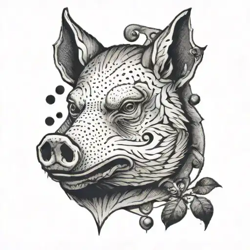 A Masochistic Pig With A Wolf Face Tattooed On Its Body