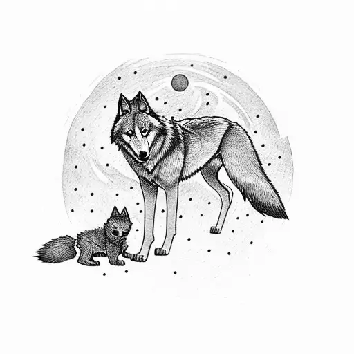 A Silhouette Of A Wolf And A Family Of Four Under A Starry Sky