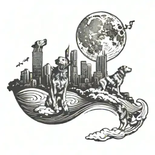 A Pack Of Dogs Howling At A Full Moon Over A City Skyline With Music Notes Floating In The Sky