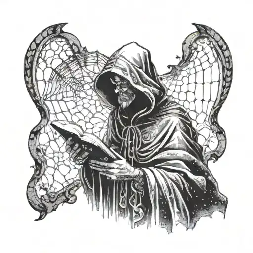 A Dotwork Tattoo Of A Mysterious Figure In A Cloak Holding A Book With Spider Webs In The Background