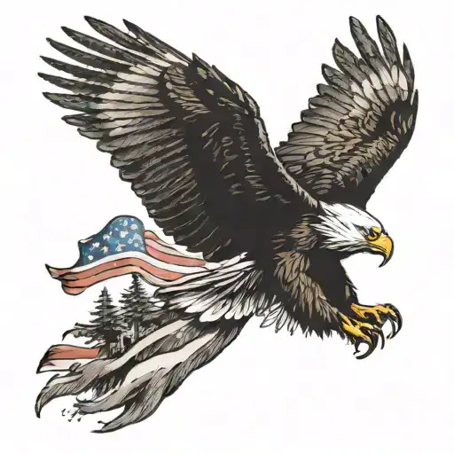 An Eagle Soaring Through A Forest Fire With The American Flag Waving In The Wind