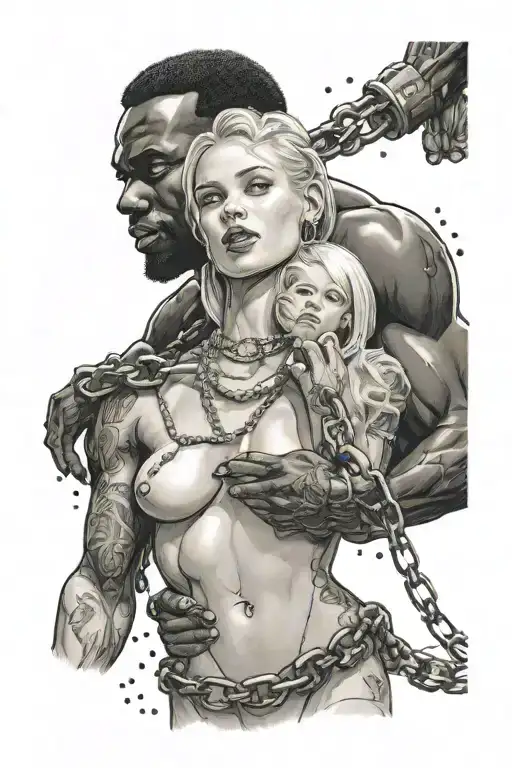 Nude Slim Excited Young Blonde European Girl Wearing Chains And Leashed By Muscular African Man