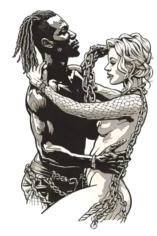 Nude Slim Aroused Young Blonde European Girl Wearing Chains And Leashed By Muscular African Man