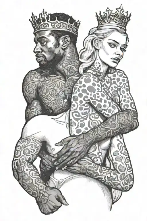 Nude Slim Young Blonde European Girl Riding Muscular Black Man's Back Wearing Crown