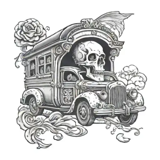 A Vintage Hearse Driving Through A Graveyard With A Skull Playing A Guitar On The Roof