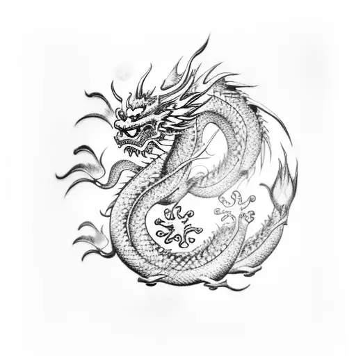 Chinese Dragon With Few Blue Flowers Around