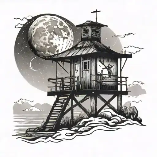 Create A Dotwork Tattoo Of A Lifeguard Tower With A Wolf Howling At The Moon In The Sky
