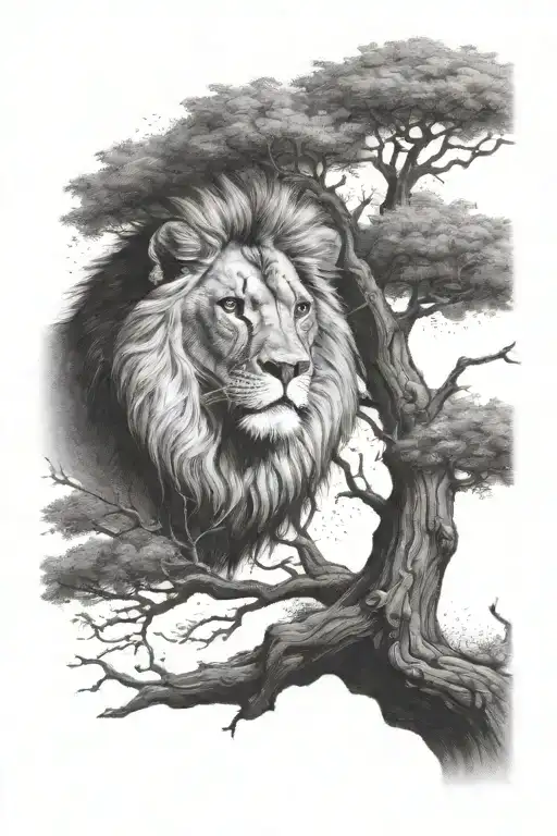 A Young Lion Sitting On A Big Tree With Big Treecrown In Optical Illusion
