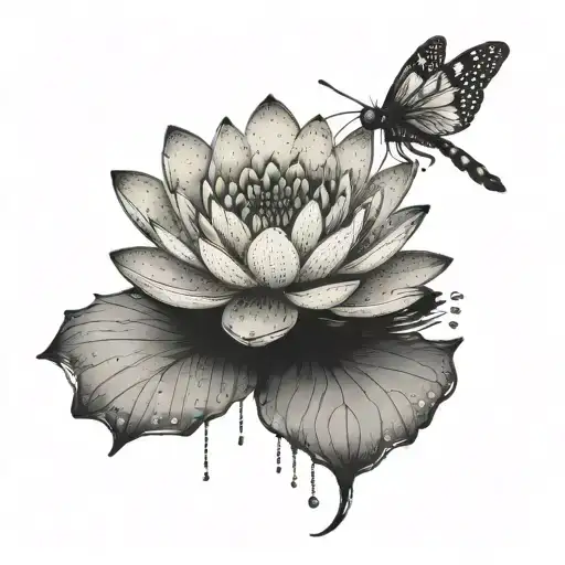A Delicate Dotwork Piece Showcasing A Water Lily Floating On Water With A Dragonfly Hovering Above