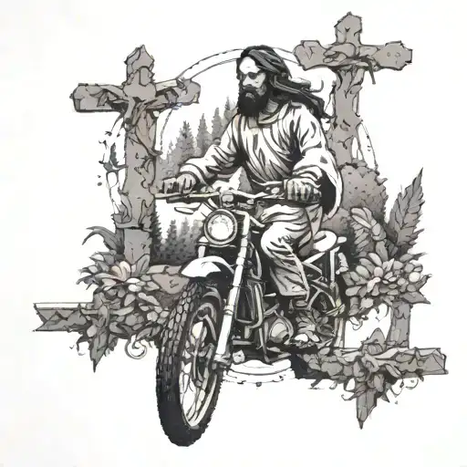 Jesus Riding A Dirtbike Through A Forest Of Crosses