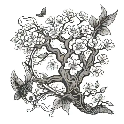 An Intricate Design Of A Family Tree With Japanese Cherry Blossoms And Koi Fish