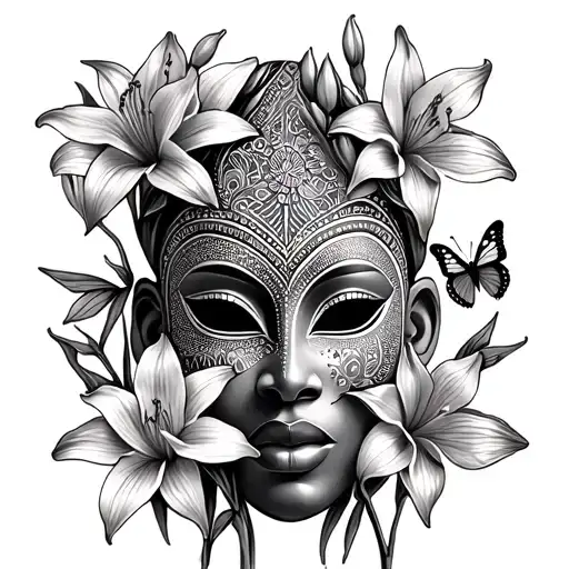 African Mask Surrounded By Amaryllis Flowers And Butterflies