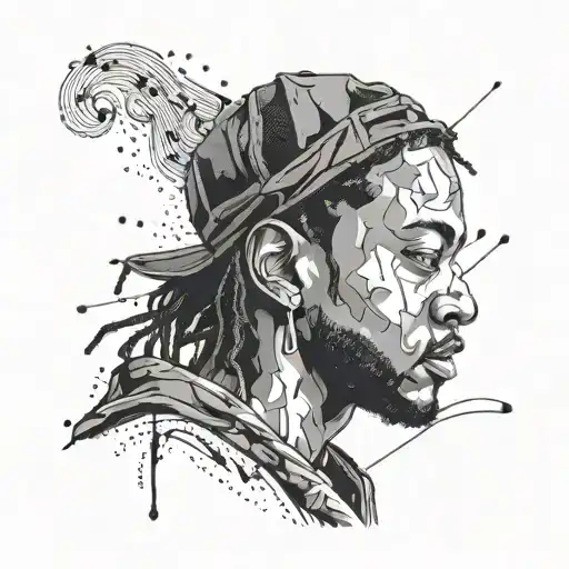 Design A Dotwork Portrait Of Kendrick Lamar With Musical Notes Intertwining Around Him