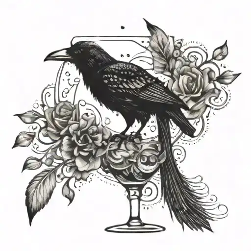 An Intricate Design Of A Cocktail Glass And A Crow Intertwined