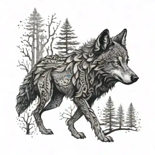 A Dotwork Tattoo Of A Black Wolf Surrounded By A Mystical Forest Scene