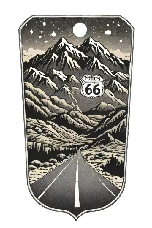 Route 66 Sign Road Leading Towards Mountain Peaks