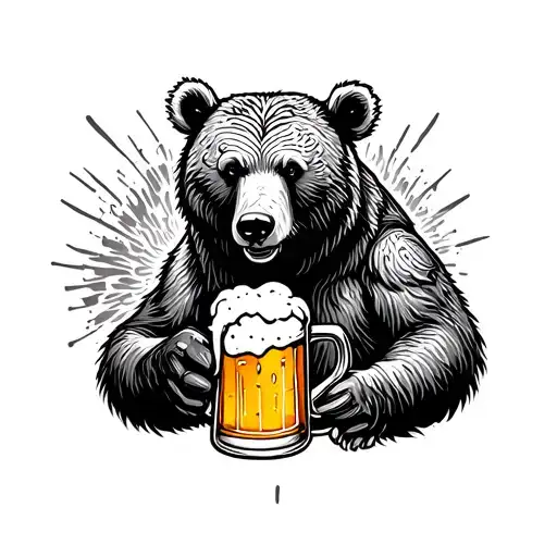 A Dotwork Tattoo Of A Bear Holding A Beer Mug With Intricate Welding Patterns Surrounding It