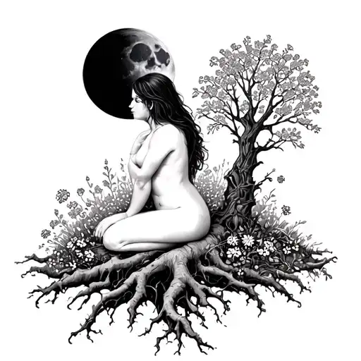 Naked Woman Sitting On Roots Broken With A Trees And A Moon Above Her Surrounded By Wild Flowers
