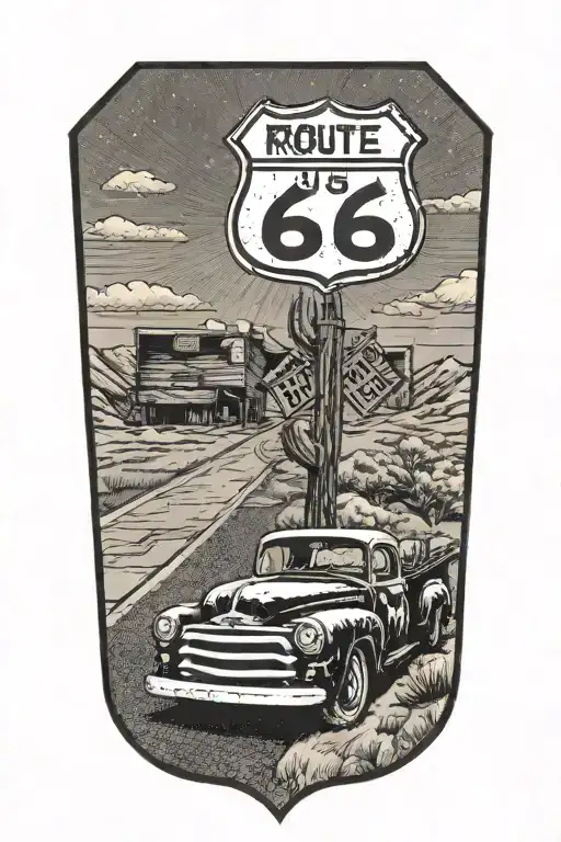 Route 66 Sign With Truck And Road Leading