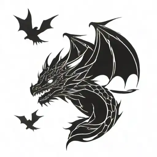 Dragon With Birds Flying And Lightnings