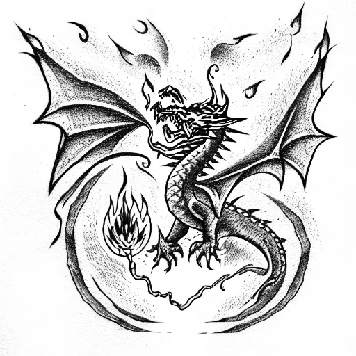 Dragon Surrounded By Fire And Thunders