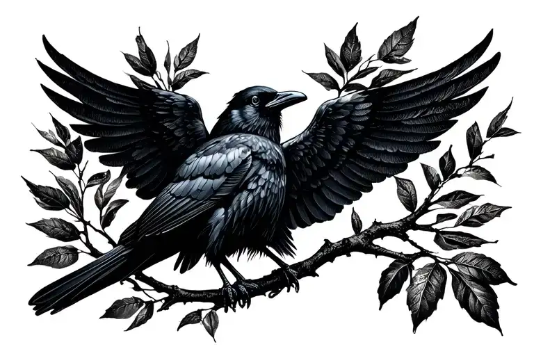 Raven With Sipped Wings On A Branch With Leaves In The Style Of Mechanics