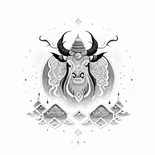 An Intricate Design Of A Yak Surrounded By Buddhist Symbols