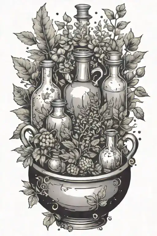 Potion Bottles With Magical Herbs And Plants With Salt An Pepper Shakers Around A Cauldron