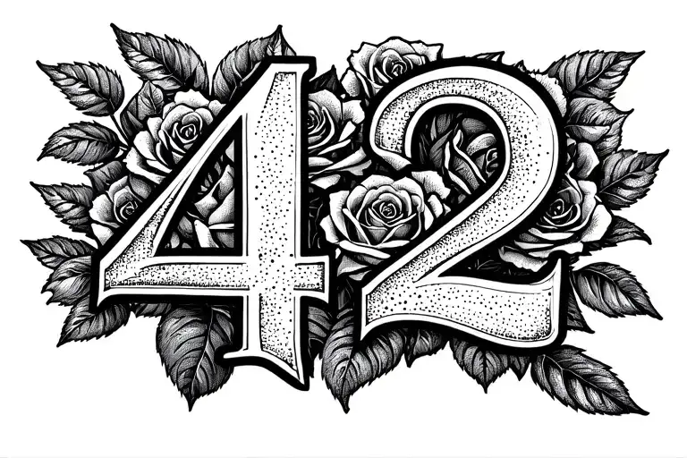 Number 42 With Back Ground Roses Intertwined Cloister Black Font