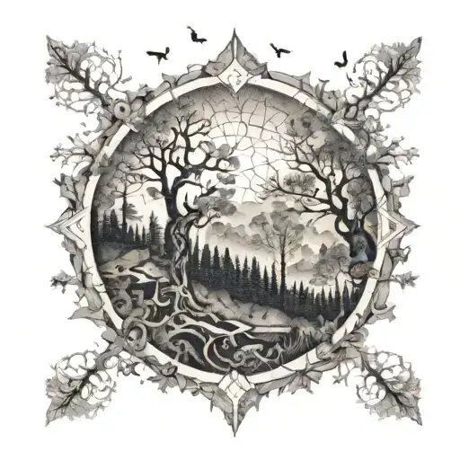 An Intricate Map Of A Forest With Evolutionary Symbols Hidden Within