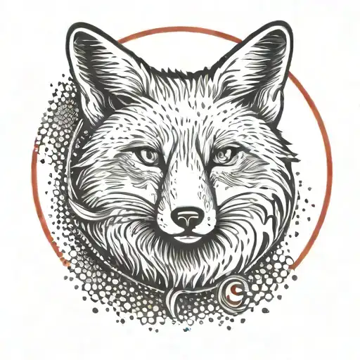 Fox On The Background Of A Red Circle With The Inscription