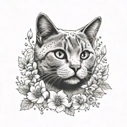 British Shorthair Cat Surrounded By Flowers Featuring Two Paw Prints