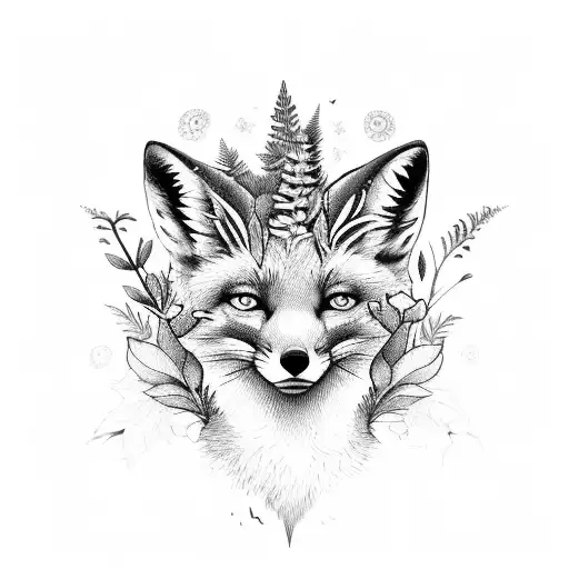 Full Body Of A Fox With Ferns And Flowers Growing Out Of It