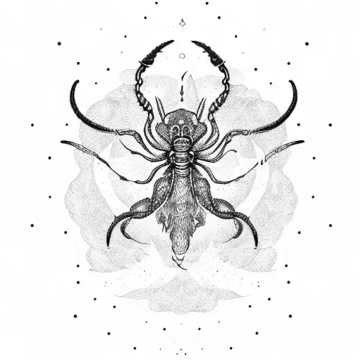 Dotwork Tattoo Of A Celestial Scorpion Emerging From A Field Of Psychedelic Mushrooms