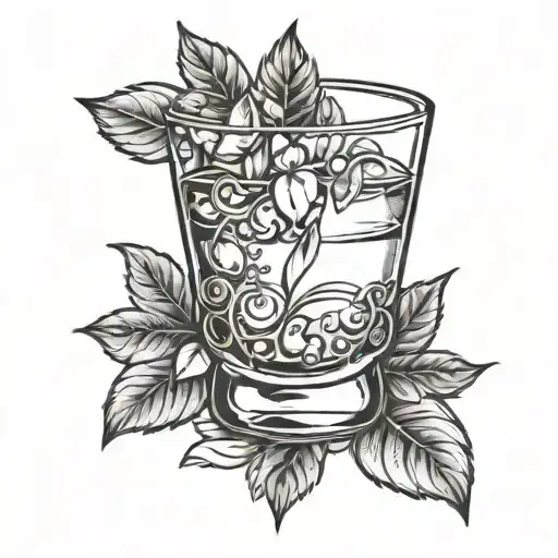 A Traditional Style Tattoo Of A Whisky Glass Filled With Tania Rose Petals And Leaves
