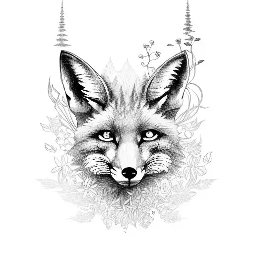 Fox Body With Ferns And Flowers Growing Out Of It