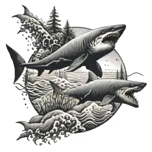 An Intricate Dotwork Tattoo Of A Hiking Trail Winding Through A Shark-infested Ocean