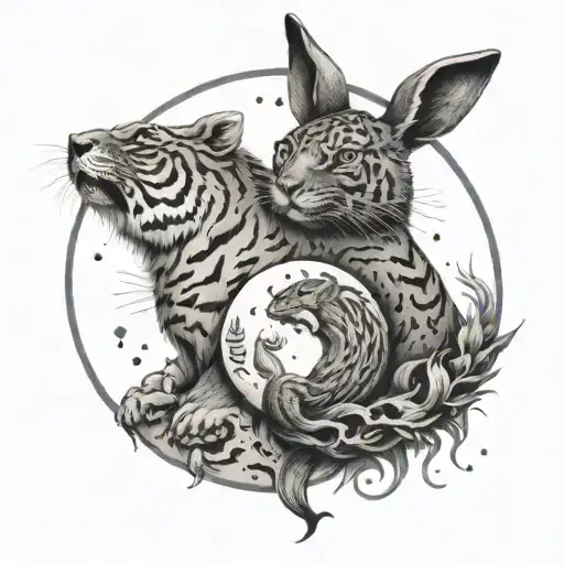 Rabbit Tiger Yin Yang On The Moon