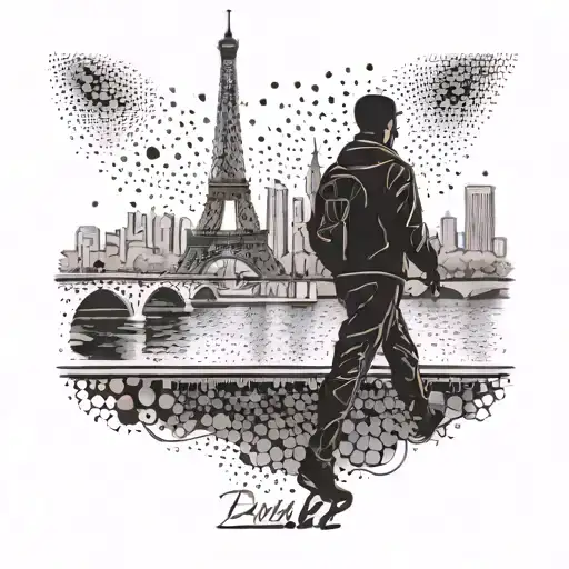 A Parisian Skyline With A Silhouette Of A Person Walking Their Dog Along The Seine River