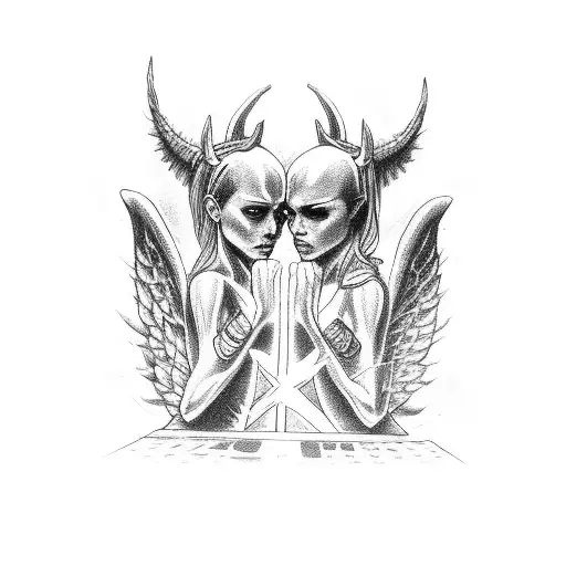 A Demon And An Angel Engaged In A Fierce Arm Wrestling Match