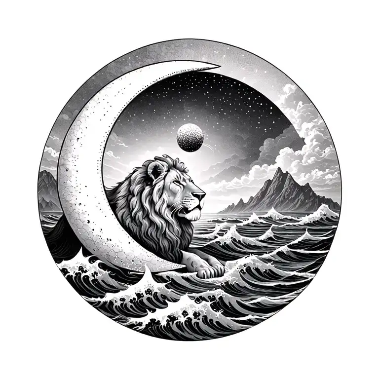 Crescent Moon And Ocean Waves And Mountains And Lion