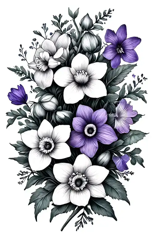 Wrapping Flowers Intertwined Including Daffodil And Violets And Leaves And Other Flowers