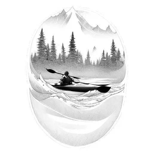 Kayak With Flowing River And Waves And Forest