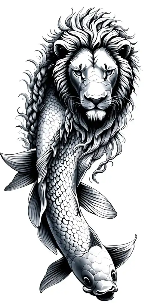 One Koi Fish Swimming Upstream In River With Lion Head Facing Away With Braids In His Mane