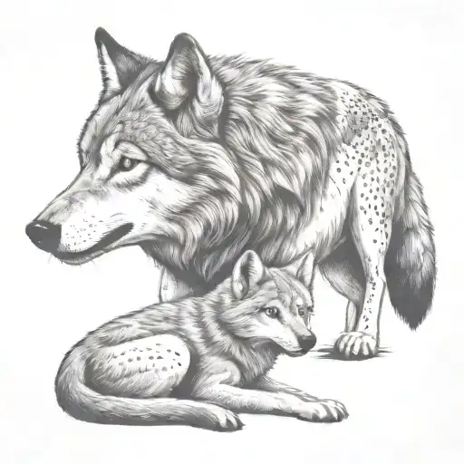 Wolf Protecting Cub Playing